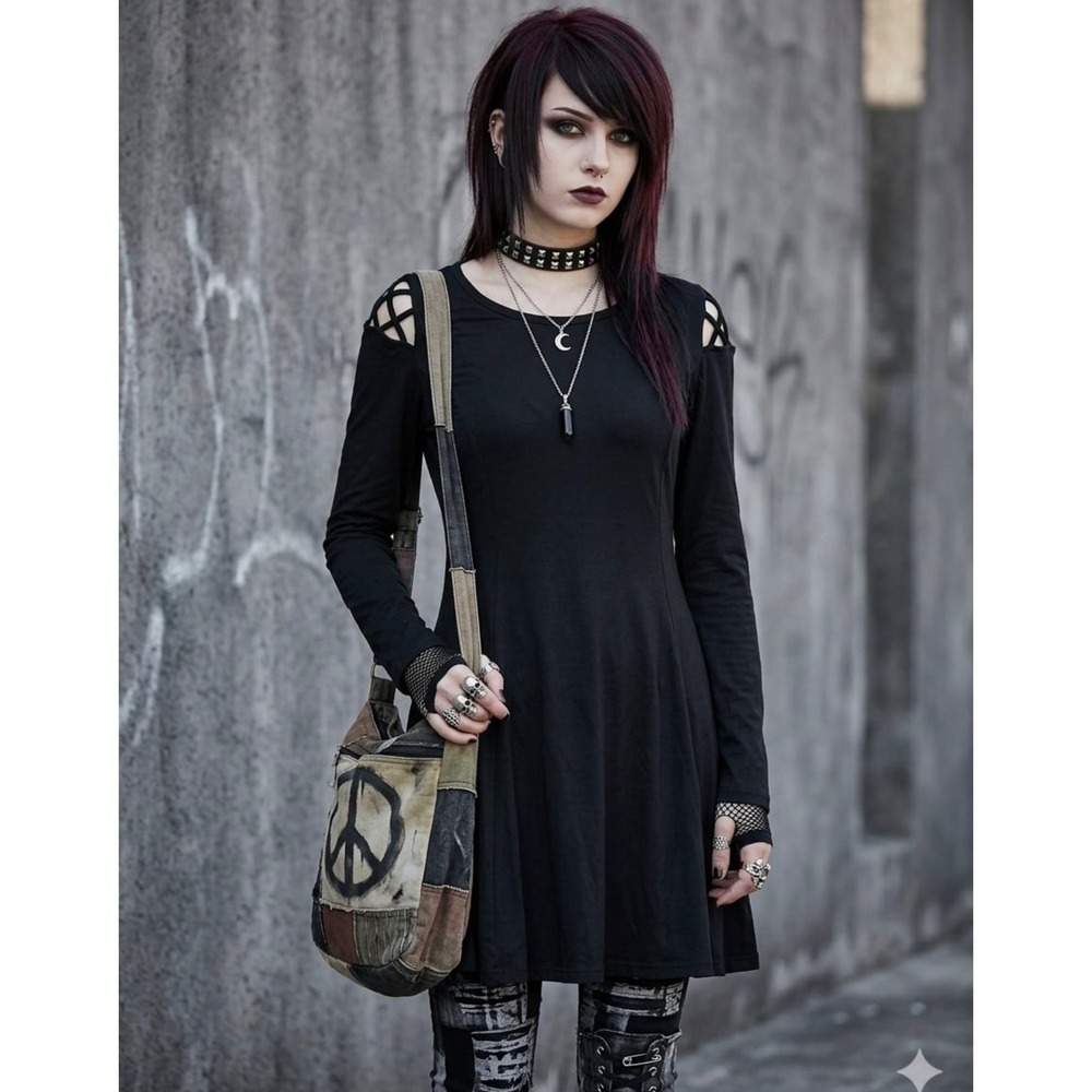 Hippie‎ Chic Black Lattice Shoulder Skater Dress Long Sleeve Goth XL